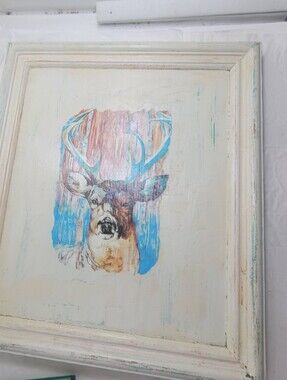 Vtg Rustic Deer Art On A Vtg Framed Cabinet Door Panel For Hunting Cabin Lodge